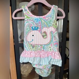 Whale Appliqué bubble romper sunsuit toddler girl patchwork paisley swimsuit